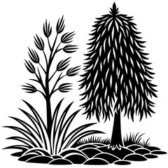Obraz premium Minimalist Vector Art Pine Tree, Willow Tree, and Flowing Grass
