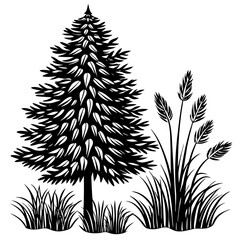 Minimalist Vector Art Pine Tree, Willow Tree, and Flowing Grass