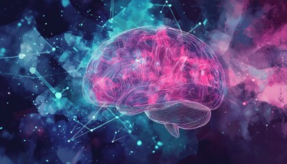 Illuminated Neural Pathways: Watercolor Brain Symbolizing Human Thought & Artificial Intelligence Connection