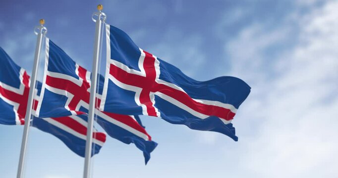 Close-up of three Iceland national flags waving