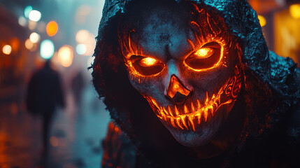 A menacing figure with a fiery skull face stares intensely in a dark urban setting, surrounded by glowing lights and shadows
