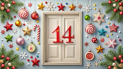 Festive Advent Calendar Door with Number 14 Surrounded by Christmas Ornaments and Candy Decorations