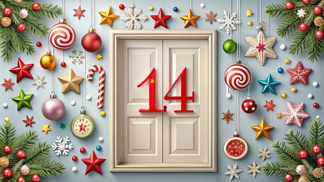 Festive Advent Calendar Door with Number 14 Surrounded by Christmas Ornaments and Candy Decorations