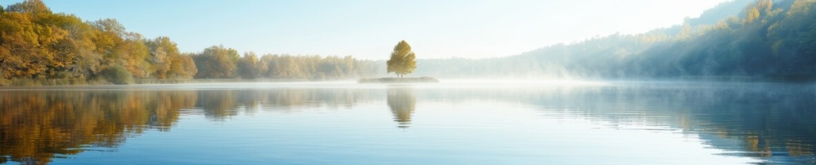 Fototapeta premium Tranquil Autumn Lake Morning Mist Peaceful Serenity Beautiful Nature Reflection Foliage Dawn Scenic Landscape