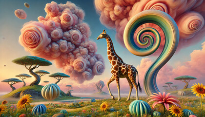 Fototapeta premium Giraffe in a Surreal Dreamscape with Rose Clouds and Spiral Trees