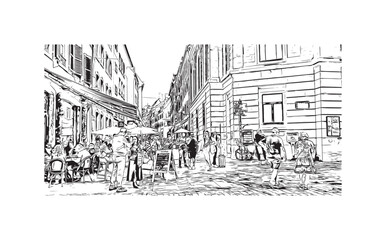 Building view with landmark of Strasbourg is the city in France. Hand drawn sketch illustration in vector.