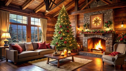 Fototapeta premium Warm and Inviting Christmas Cabin: Lit Fireplace, Festive Tree, and Holiday Decor in Cozy Interior