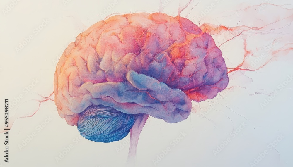 Poster technological fusion: watercolor brain with glowing neural networks and ai integration