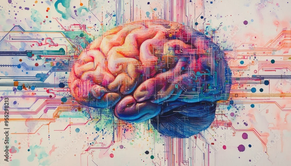 Poster mind's technicolor symphony - abstract brain with digital circuits