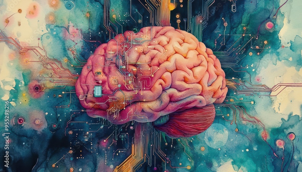 Aufkleber mindful connections: abstract watercolor brain with digital circuits - conceptual art of imagination