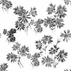 Seamless pattern created from a digital painting of black daisies imitating watercolor, on a white background