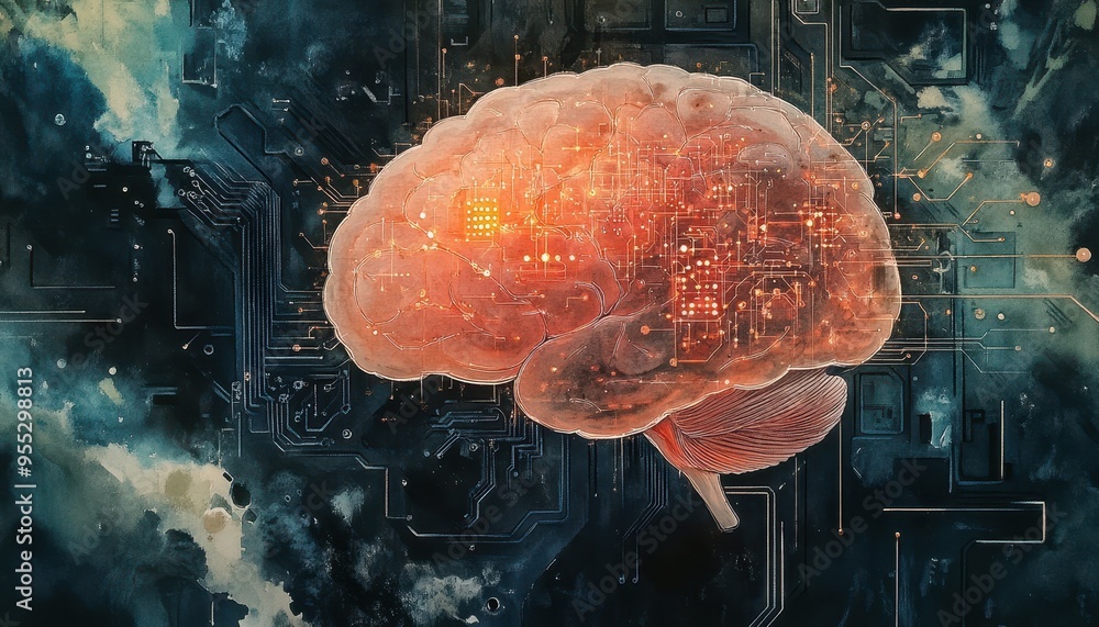 Poster illuminated mind: fusion of watercolor brain with digital circuits and neural networks