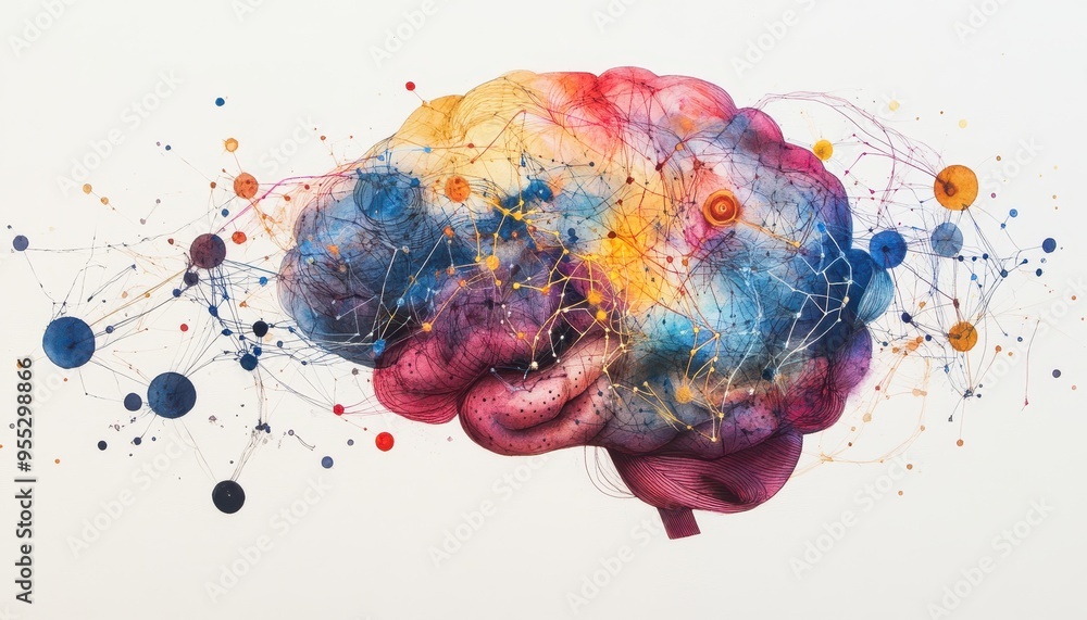 Poster neural networks: watercolor brain artwork symbolizing the fusion of nervous system and ai power