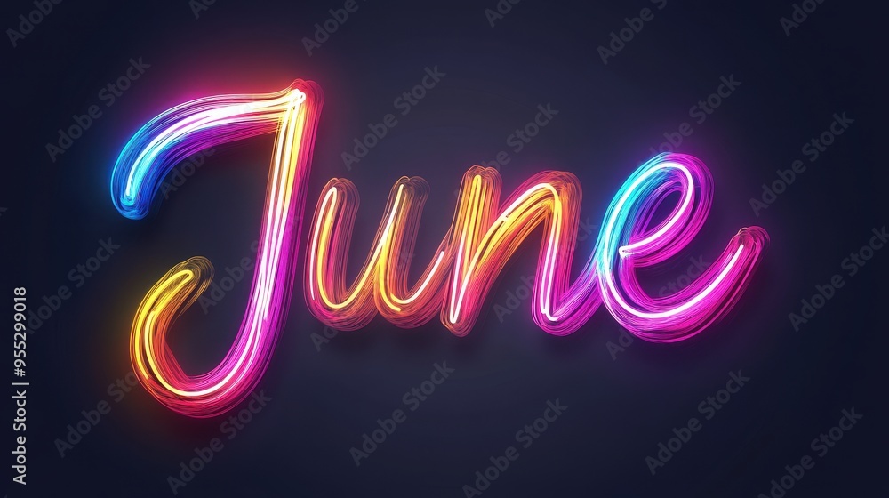 Wall mural neon-style june text glowing in vibrant colours against a dark background.