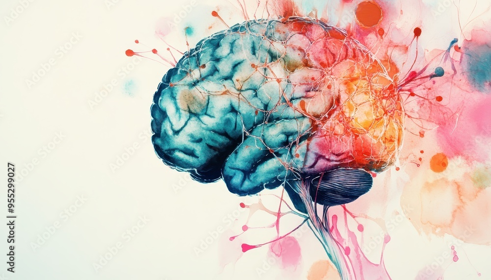 Aufkleber digital mind synthesis - artistic watercolor brain with neural network and ai patterns