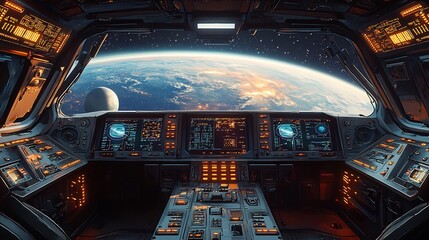 Illustration of spaceship cockpit filled with digital screens buttons and a view of a distant planet through the window