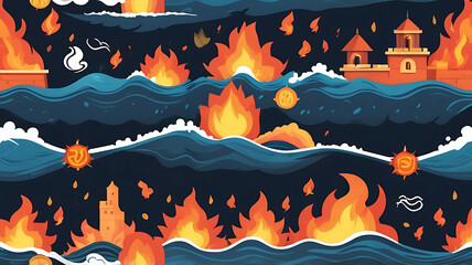A fortified wall with various icons like fire, lightning, and waves, symbolizing defense against natural disasters in a stylized manner