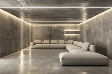 Modern minimalistic living room with concrete walls and sectional sofa