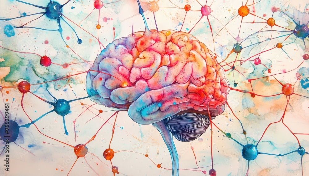 Poster abstract watercolor brain with neural pathways - nervous system and ai influence concept