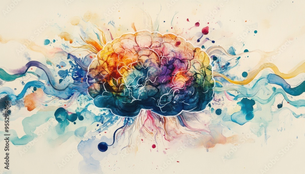 Poster abstract watercolor brain with colorful neural pathways symbolizing nervous system and ai influence