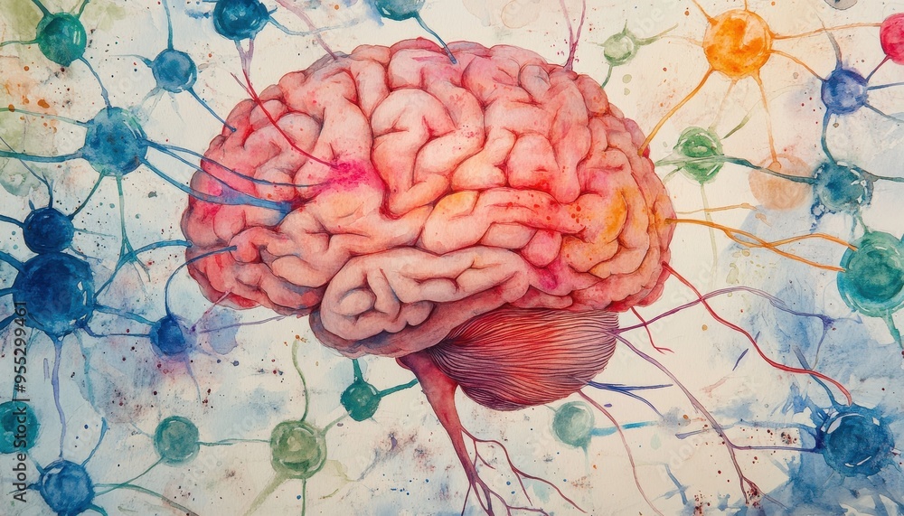 Aufkleber tech-inspired neural pathways - abstract watercolor brain design reflecting nervous system and ai in