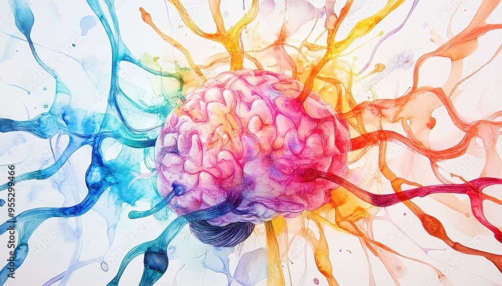 Poster abstract watercolor brain with colorful neural pathways: nervous system and ai influence