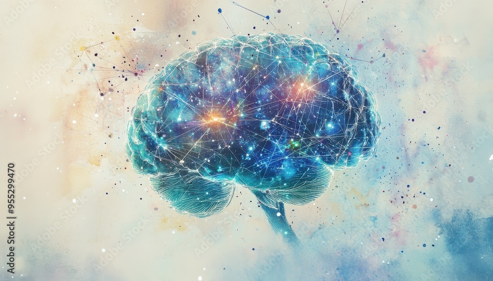 Poster synthesis of artificial intelligence and creativity: watercolor brain with digital networks overlay