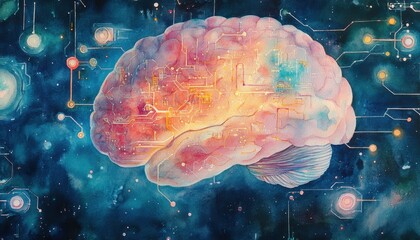 Fototapeta premium Merging Realms: Watercolor Brain Infused with Neurons, Digital Circuits, and Bright Ideas