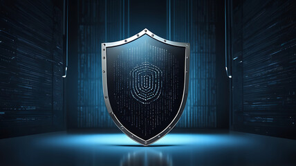 Fototapeta premium A shield protecting a computer with binary code in the background, representing cybersecurity and data protection, in a minimalist style