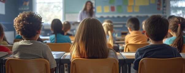 Elementary school students sitting in a classroom and listening to their teacher