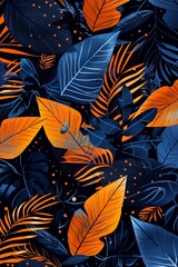Abstract pattern of dark blue and orange leaves with dotted details on a black background