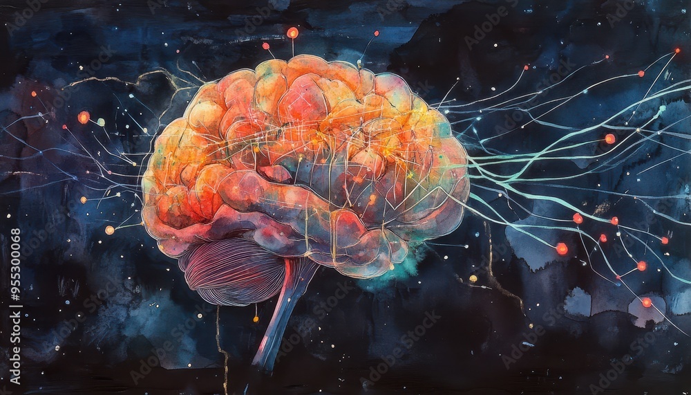 Poster abstract watercolor brain with glowing neural networks - conceptual art on artificial intelligence