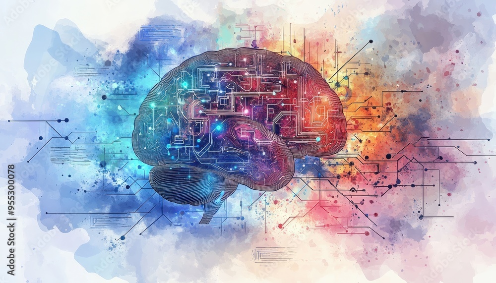 Poster creative mind: abstract brain in watercolor surrounded by colorful neural pathways and digital circu