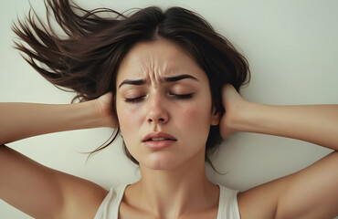 Fototapeta premium Woman suffering from stress, migraine or a headache grimacing in pain