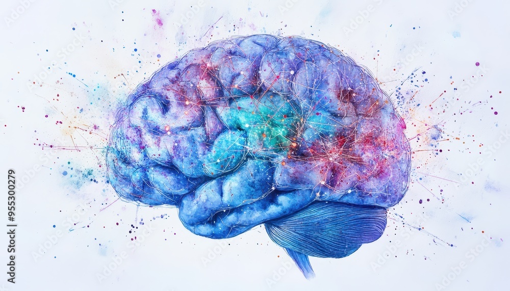 Poster neural connections: watercolor brain with abstract neural networks overlay illustrating human though