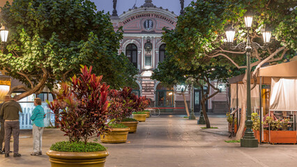 Central Post Office illuminated Building day to night timelapse, Lima, Peru