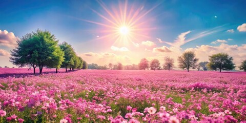 Fototapeta premium Field of pink flowers under a radiant sun.