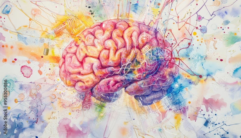 Aufkleber artificial intelligence and the complexity of the nervous system - watercolor brain illustration