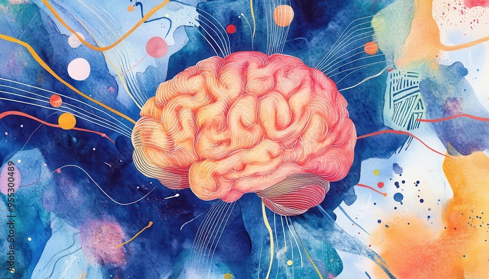 Poster neuroscape - vibrant watercolor brain illustration with abstract patterns symbolizing nervous system