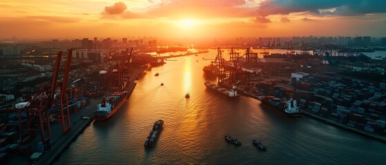Aerial view of a busy port city at sunset