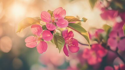 Obraz premium A close-up shot of vibrant pink cherry tree flowers blooming in the spring sunlight, set against a soft, blurred background of green leaves. Ai generated