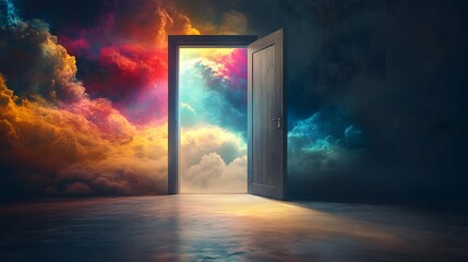 An open door leading to the sky, with colorful clouds swirling around it and light streaming through the window onto an empty floor below