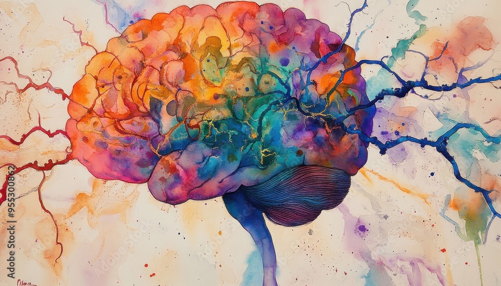 Poster technicolor mind connections: watercolor brain with abstract neural networks