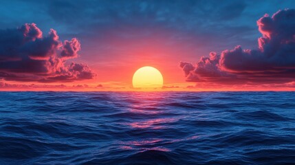 A stunning sunset over a serene ocean, filled with vibrant colors and dramatic clouds, creating a breathtaking landscape.