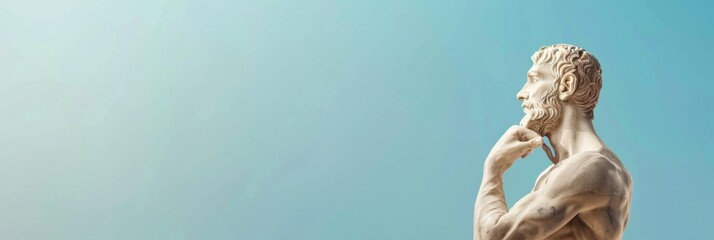 Classical Marble Sculpture of Contemplative Man Against Minimal Blue Gradient Background – Tranquil, Elegant, Thoughtful Art
