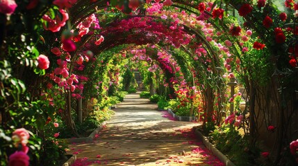 Obraz premium An enchanting garden path leading through an archway covered in vibrant flowers