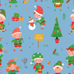 Christmas santa elves seamless pattern. Xmas seasonal party, winter holidays fairy tale characters. Decorative fabric wrapping print design, vector background