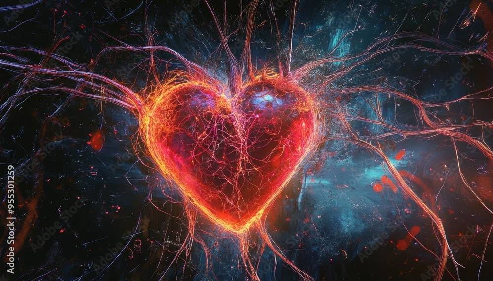 Poster technological heart: abstract artwork of luminous neural pathways symbolizing the fusion of technolo
