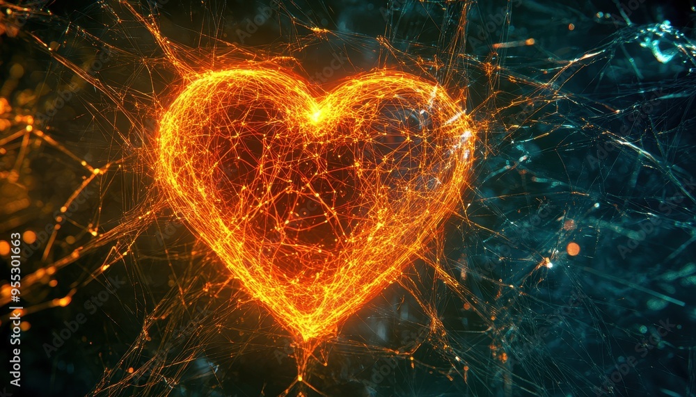 Poster fusion of technology and biology: glowing heart with neural web abstract design