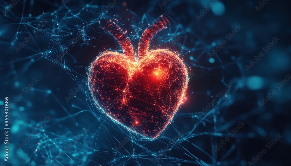 Aufkleber technological integration: glowing heart among neural threads - abstract concept of nervous system a